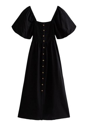 Czarna sukienka midi z bufkami o długości do łokcia, marszczonym gorsetem z kwadratowym dekoltem i rzędami brązowych guzików z przodu.