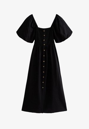 Vestito midi nero con maniche a sbuffo lunghe fino al gomito, corpetto con scollo quadrato arricciato e una fila frontale di bottoni marroni.
