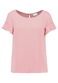 Camicetta rosa a maniche corte con una texture morbida e liscia, scollo rotondo e dettagli a volant lungo le maniche. Chiusura a occhio di bue sul retro.