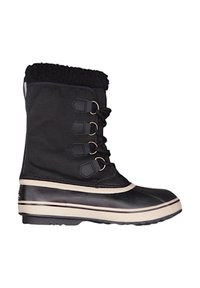 Schwarzer wasserdichter Winterstiefel mit einem Obermaterial aus Stoff, Kunstfellkragen, Schnürverschluss und Gummisohle mit beigen Akzenten.