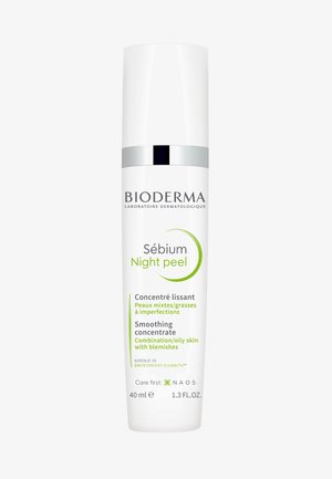 Bioderma Sébium Night Peel glättendes Konzentrat für Misch- und fettige Haut mit Unreinheiten, 40 ml weiße zylindrische Flasche mit silbernem Band.