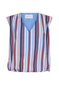 Blouse sans manches à col en V, rayures verticales rouges, roses, bleues, noires et blanches, coupe ample, étiquette portant l'inscription "Part Two" à l'intérieur du col.