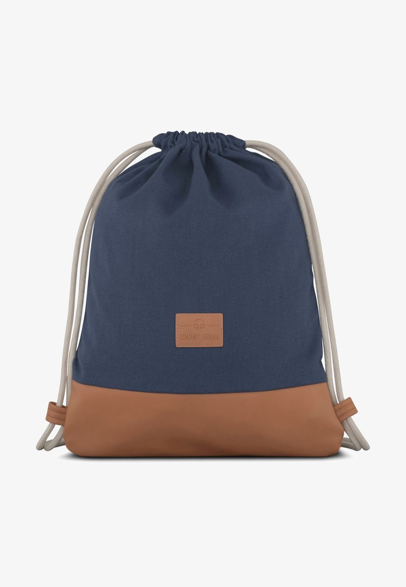 Bélelt táska, amely sötétkék vászonból készült, barna bőr alappal, tejeskávé színű zsinórokkal és egy kis bőr logoval.