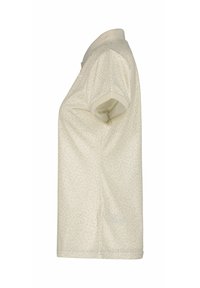 Koszulka polo z krótkim rękawem w jasnym beżu z subtelnym wzorem, z kołnierzykiem i prostym dołem. Wykonana z miękkiej, teksturowanej tkaniny.