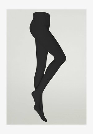 Schwarze, undurchsichtige Strumpfhosen mit einem nahtlosen Design, glatter Textur und hohem Bund für Komfort, geeignet für verschiedene Outfits.