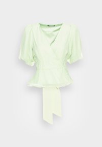 Top envolvente de um verde pálido, com textura, mangas bufantes e uma bainha peplum. As fitas na cintura criam uma silhueta ajustada. Forro interior suave.