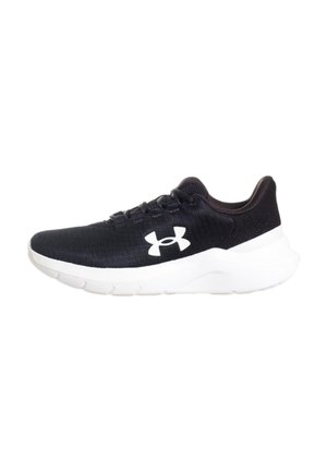 Chaussure de sport en mesh noir avec logo blanc et semelle blanche épaisse, conçue pour la course ou une tenue décontractée.