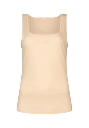 Top beige senza maniche con scollo quadrato e tessuto leggermente strutturato in un colore uniforme e pieno.