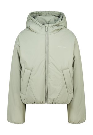 Cropped, hooded jacket in light green fabric. Features a front zipper, elastic cuffs, and two side pockets with angular openings.