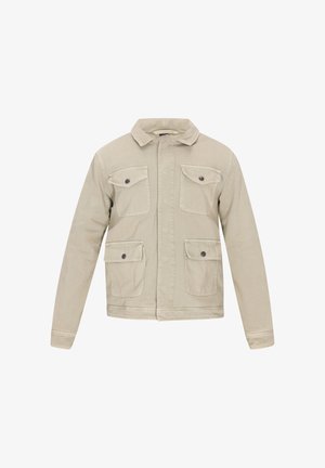 Veste en coton beige avec un col, fermeture éclair à l'avant et quatre poches. Tissu texturé avec des accents en boutons sur les poches.