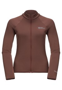 Giacca marrone con zip realizzata in tessuto elasticizzato. Presenta un collo alto, maniche lunghe e il logo "Jack Wolfskin" sul petto.