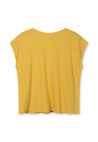 Camiseta amarilla de manga corta y corte holgado con cuello redondo, mostrada de espaldas sobre un fondo blanco.