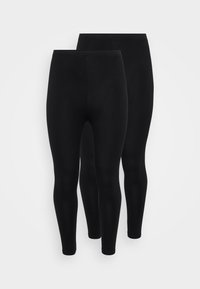 Zwarte leggings, gemaakt van rekbare stof, hebben een strakke pasvorm. Ze hebben een gladde textuur en een elastische tailleband. Twee paar worden weergegeven.