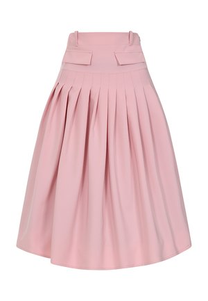 Rosa plissierter Rock mit hohem Bund, ausgestattet mit zwei Vordertaschen und einer glatten Stofftextur, die eine ausgestellte Silhouette kreiert.