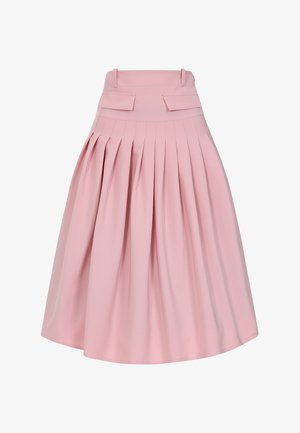 Rosa plissierter Rock mit hohem Bund, ausgestattet mit zwei Vordertaschen und einer glatten Stofftextur, die eine ausgestellte Silhouette kreiert.
