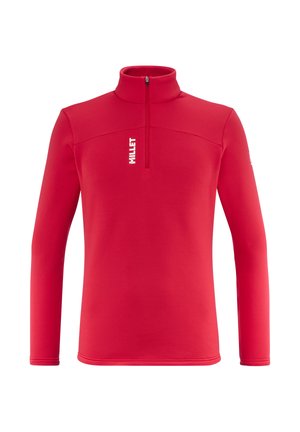 Roter Fleece-Pullover mit hohem Kragen und einem Frontreißverschluss. Verfügt über lange Ärmel und ein weißes "Millet"-Logo auf der Brust. Glatte Textur.