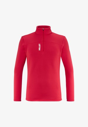 Roter Fleece-Pullover mit hohem Kragen und einem Frontreißverschluss. Verfügt über lange Ärmel und ein weißes "Millet"-Logo auf der Brust. Glatte Textur.