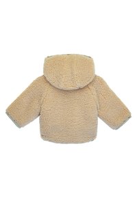 Giacca in pelliccia sintetica beige chiaro con cappuccio, caratterizzata da un esterno morbido e texture, e rifiniture a contrasto sulle maniche.