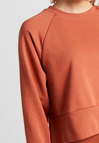 Sudadera color óxido con cuello redondo, mangas raglán y dobladillo corto. Fabricada en un tejido suave y texturizado con un acabado liso.