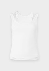 White tank top made of soft, stretchy fabric. Features a rounded neckline and thin straps with decorative tie detail. Smooth texture.