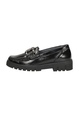 Schwarze Lederloafers mit strukturierter Oberfläche, einem dekorativen Metallverschluss und einer dicken, rutschfesten Gummisohle für besseren Halt.