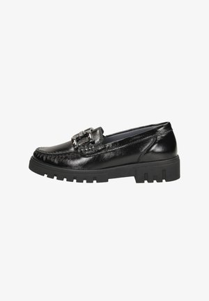 Black leather loafer with a textured finish, a decorative metal buckle, and a thick, treaded rubber sole for traction.