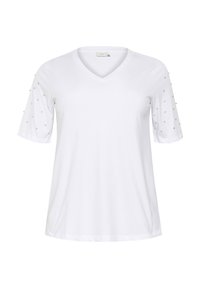 T-shirt blanc à manches courtes avec décolleté en V, orné de perles décoratives le long des manches. Fabriqué en tissu doux avec une coupe décontractée.