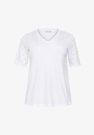 T-shirt blanc à manches courtes avec décolleté en V, orné de perles décoratives le long des manches. Fabriqué en tissu doux avec une coupe décontractée.