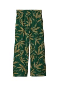 Green wide-leg pants with a gold leaf pattern, featuring a soft texture and elastic waistband. Suitable for casual or dressy occasions.