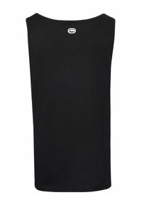 Black tank top made of smooth cotton, featuring a slightly curved neckline and a small logo at the back. No patterns or accents.