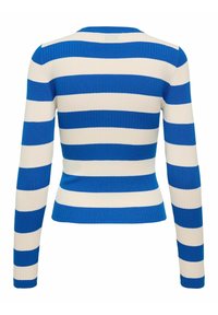 Pull à manches longues côtelé avec des rayures horizontales bleues et blanches, à la coupe ajustée et au col rond. Tissu texturé.