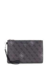 Tumši pelēks taisnstūra formā tumša logo raksta ar sudraba rāvējslēdzēju, mazu trīsstūrveida logotipa plāksnīti un noņemamu plaukstas siksniņu.