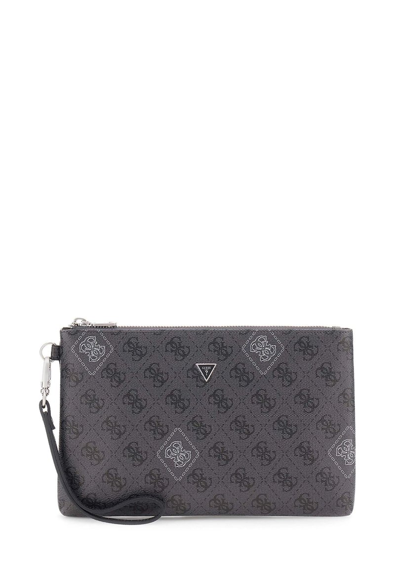 Tumši pelēks taisnstūra formā tumša logo raksta ar sudraba rāvējslēdzēju, mazu trīsstūrveida logotipa plāksnīti un noņemamu plaukstas siksniņu.