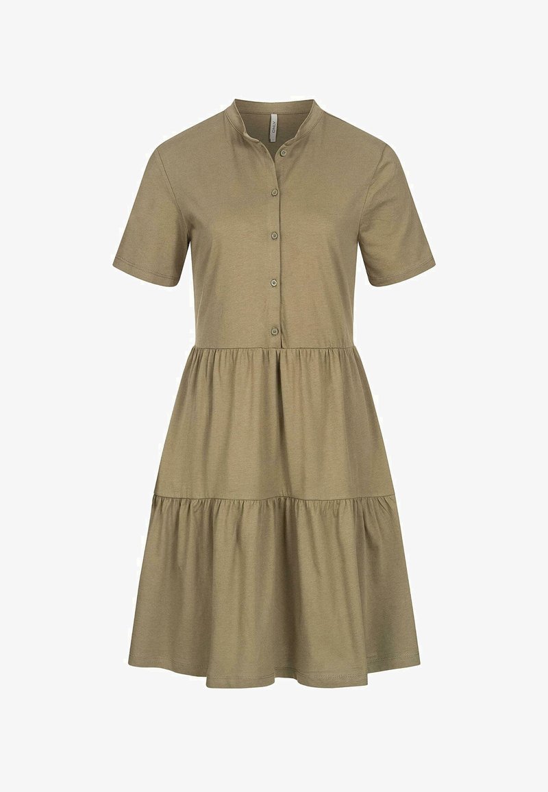 Rövid ujjú, khaki színű ruha, puha anyagból készült, gombos elülső résszel, mandarin gallérral és lépcsős, bővülő szilhuettel.
