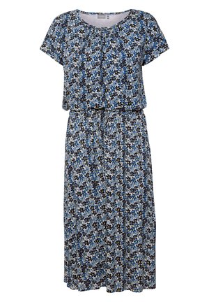 Lilledega kleit lühikeste varrukatega, millel on sinine, must ja kollane muster heledal taustal. Kergest materjalist, elastse vöökohtaga.