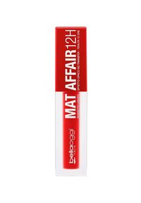 Rossetto liquido in un tubo trasparente con un cappuccio rosso audace. La scritta sulla confezione include "MAT AFFAIR 12H" in bianco. Finitura lucida con un design minimalista.