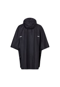 Zwarte waterdichte poncho met een kap, korte mouwen, zijventilatie en reflecterende accenten. Gemaakt van soepel, lichtgewicht materiaal.