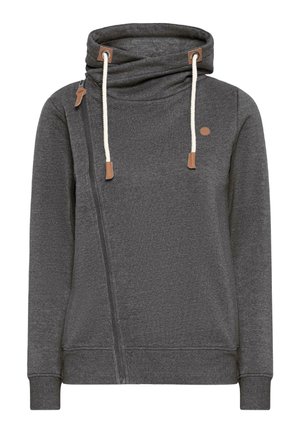Grå hoodie med en huva, som har en diagonal dragkedja, strukturerad tyg och bruna detaljer på dragsnörena och varumärkeslogotypen.