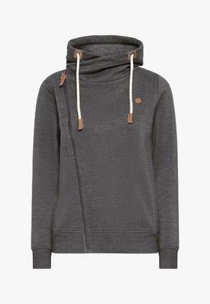 Grijze hoodie met een kraag, voorzien van een diagonale rits, textuurstof en beige accenten op de koordjes en het merklogo.