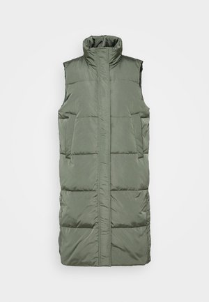 Mouwloze puffer vest in olijfgroen, met horizontaal gestikte delen, hoge kraag en twee voorzakken. Glad, lichtgewicht materiaal.