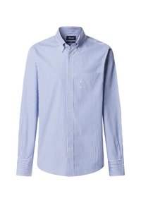 Camisa de botones con rayas azules y blancas, de mangas largas, cuello puntiagudo y un bolsillo en el pecho izquierdo. Fabricada con tejido liviano.