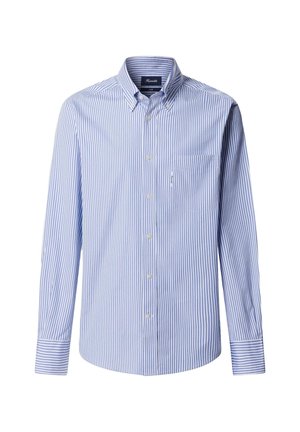 Overhemd met knopen, voorzien van blauw-witte strepen, lange mouwen, een puntige kraag en een linkerborstzak. Gemaakt van lichtgewicht stof.