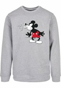 Grå sweatshirt med lange ermer, med grafikk av en Mikke Mus-karakter i røde shortser og hvite hansker, med svarte detaljer.