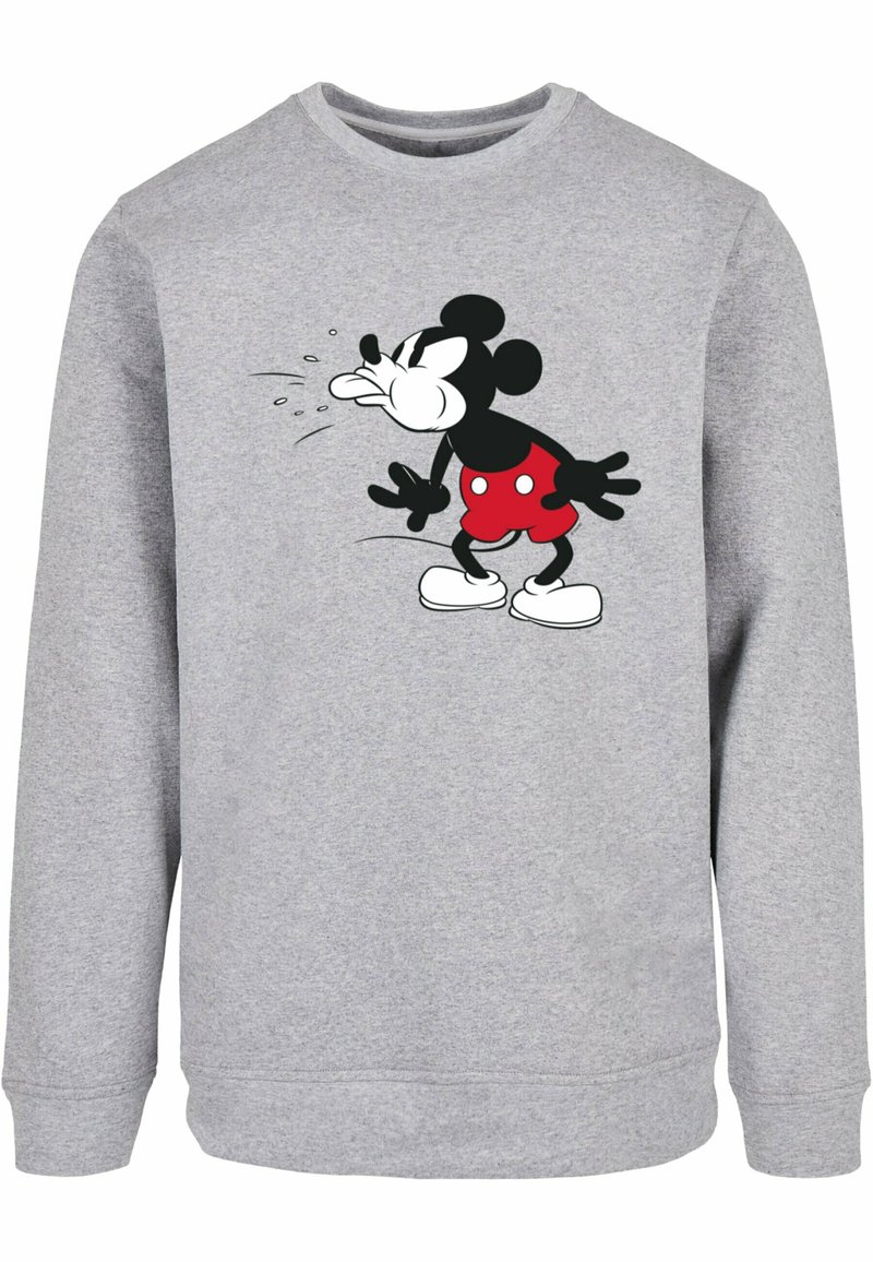 Grå sweatshirt med lange ermer, med grafikk av en Mikke Mus-karakter i røde shortser og hvite hansker, med svarte detaljer.