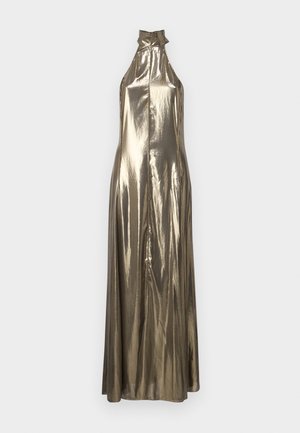 Metallic gold halter neck maxi dress with a sleek silhouette, featuring a high collar and a smooth, shiny texture.
