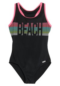 Maillot de bain noir avec un décolleté rond et des bordures roses, arborant un graphique coloré en rayures avec le mot "PLAGE" sur la poitrine. Tissu lisse, coupe ajustée.