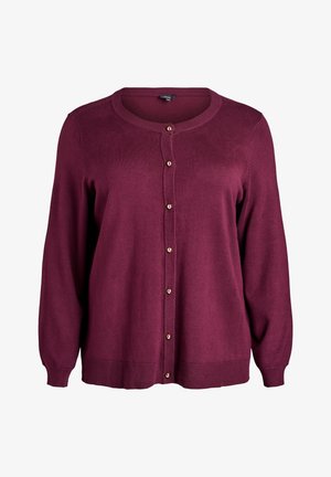 Burgundy cardigan with a round neck, long sleeves, ribbed cuffs and hem, and gold-tone button closures along the front. Soft texture.