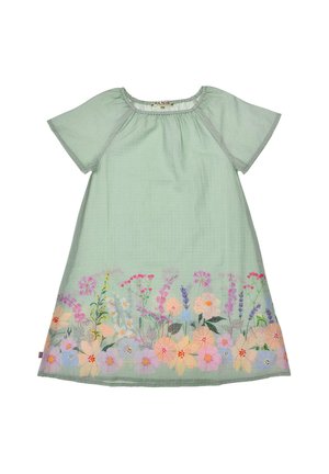 Hellgrünes, kurzärmeliges Kleid mit elastischem Ausschnitt und einem bunten Blumenrand mit rosa, lila, gelben und orangefarbenen Blumen.