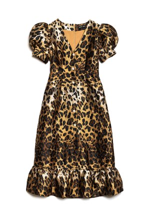 Leoparda rakstā tērps ar pūstām īsām piedurknēm, V-veida kakla izgriezumu, pogu aizdari un viļņu apakšdaļu. Izgatavots no spīdīga auduma zelta un melnos toņos.