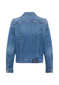 Blaue Jeansjacke mit langen Ärmeln, knöpfbaren Manschetten und einem kleinen "Brax"-Label in der Mitte des unteren Rückens.
